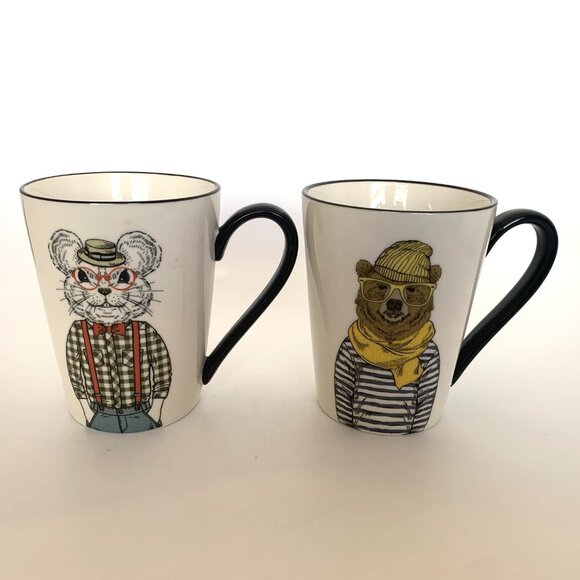 Lot of Two Hipster Coffee Tea Mugs Mouse Bear Signature Housewares Stoneware - Picture 4 of 7